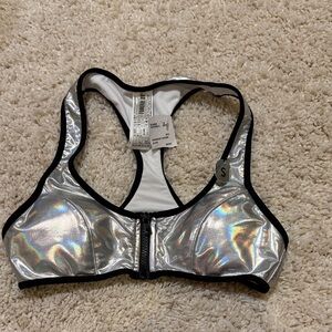 New forever 21 silver swimsuit top zip front halo graphic black bra rave